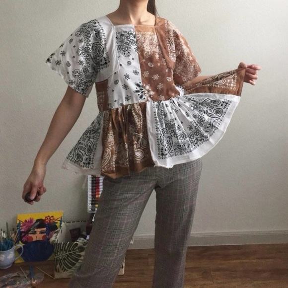 Handmade Tops - Handmade Half&Half Bandana Ruffled Blouse SKU 1592.